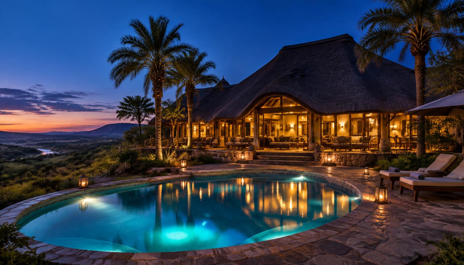 Lodge with a pool at dusk